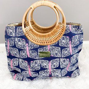 Lilly Pulitzer Butterfly Tote True Navy Bamboo Rattan Handle NEW